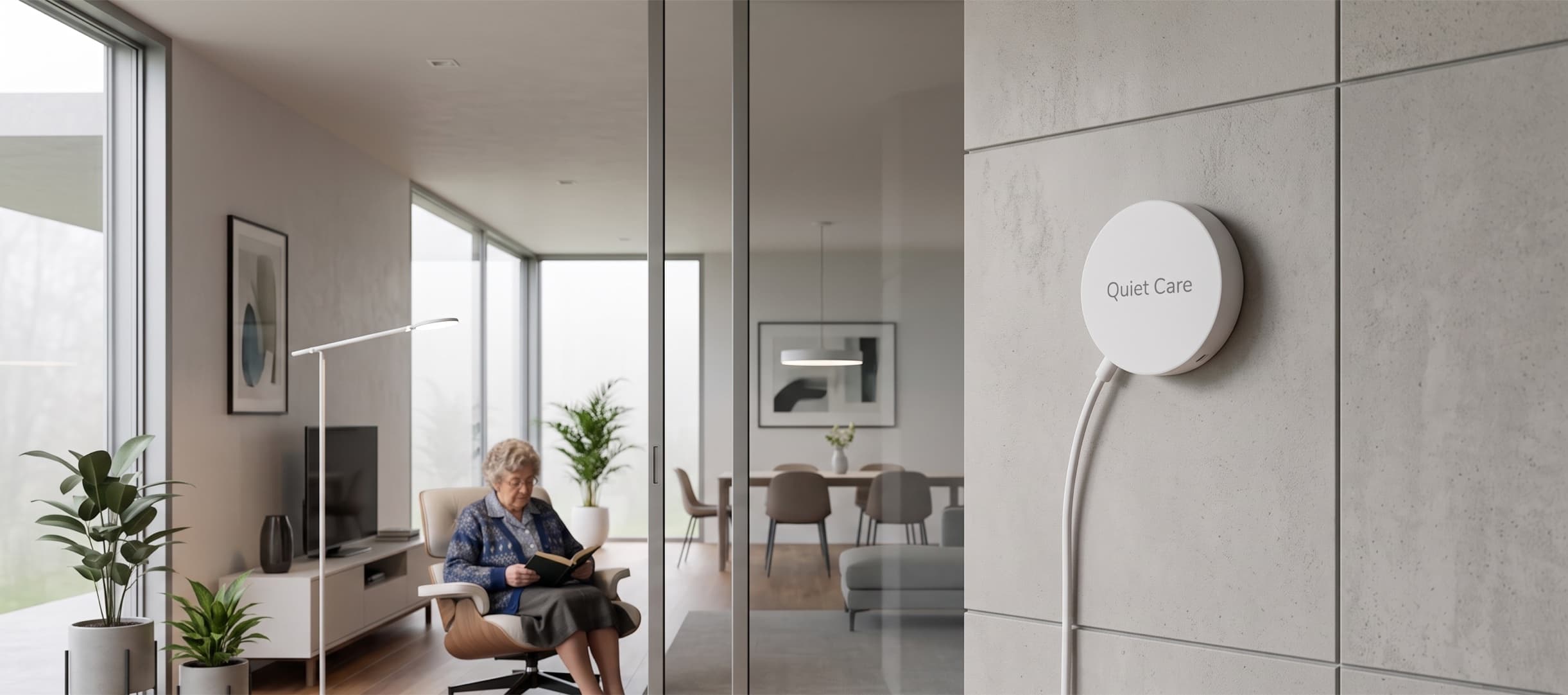 A woman reads quietly in her sunlit living room while a small, camera-free Quiet Care sensor rests on the wall nearby.